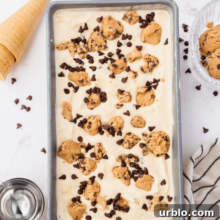 a loaf pan viewed from above, filled with homemade cookie dough ice cream with chocolate chips.
