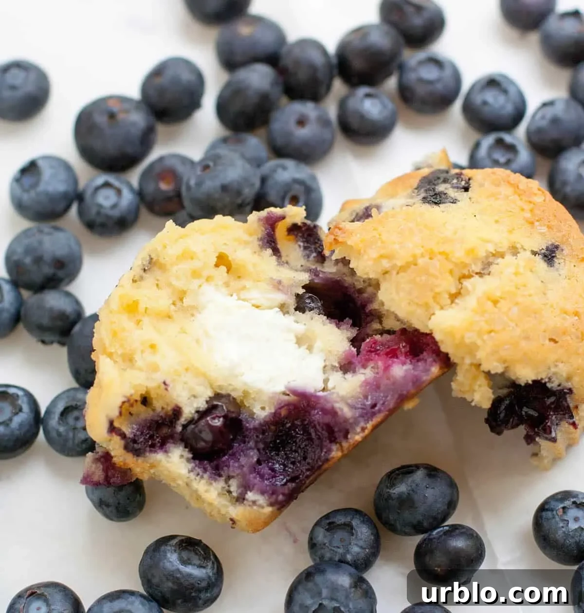 Blueberry muffins filled with cream cheese cut in half