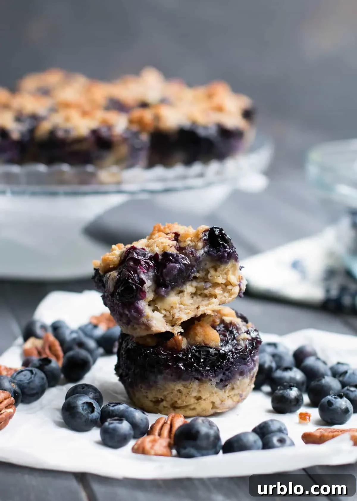 Blueberry Pie Baked Oatmeal. A pile of fresh blueberries and buttery crumb topping create a delicious fruity pie layer on top of hearty baked oatmeal.