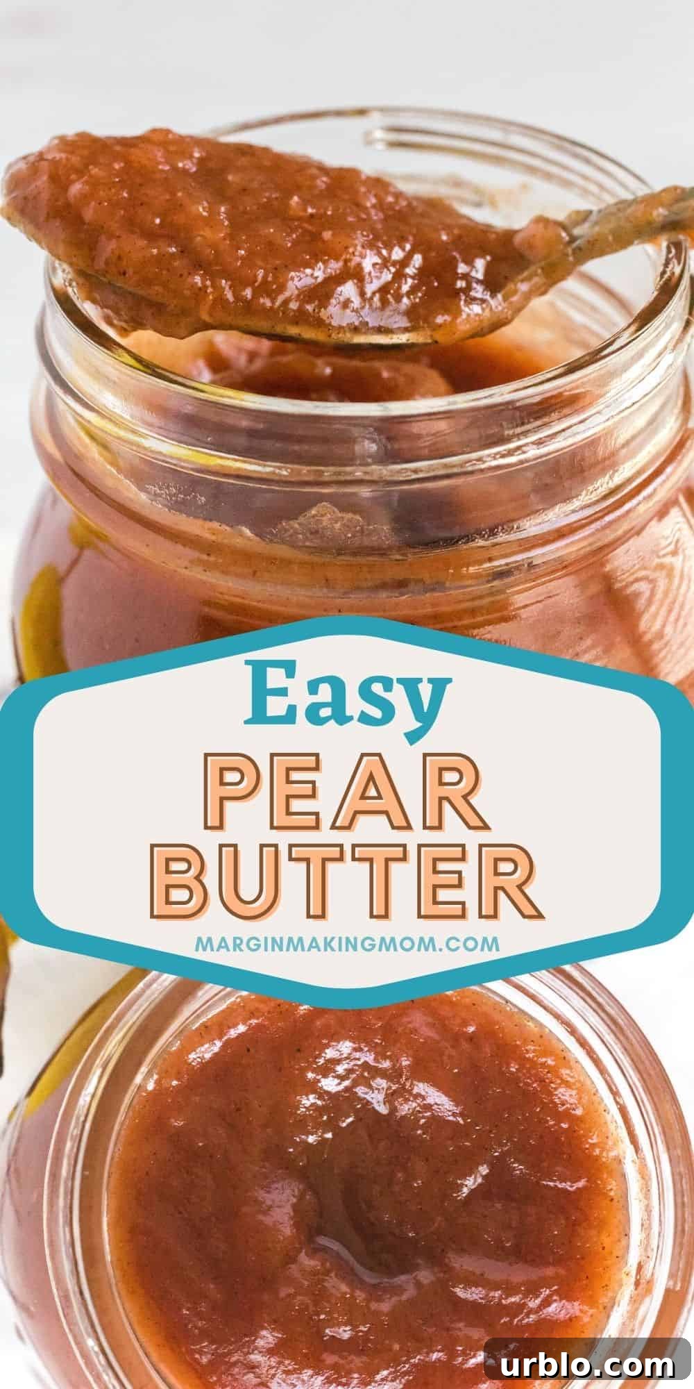 collage image featuring two photos of a jar of pear butter