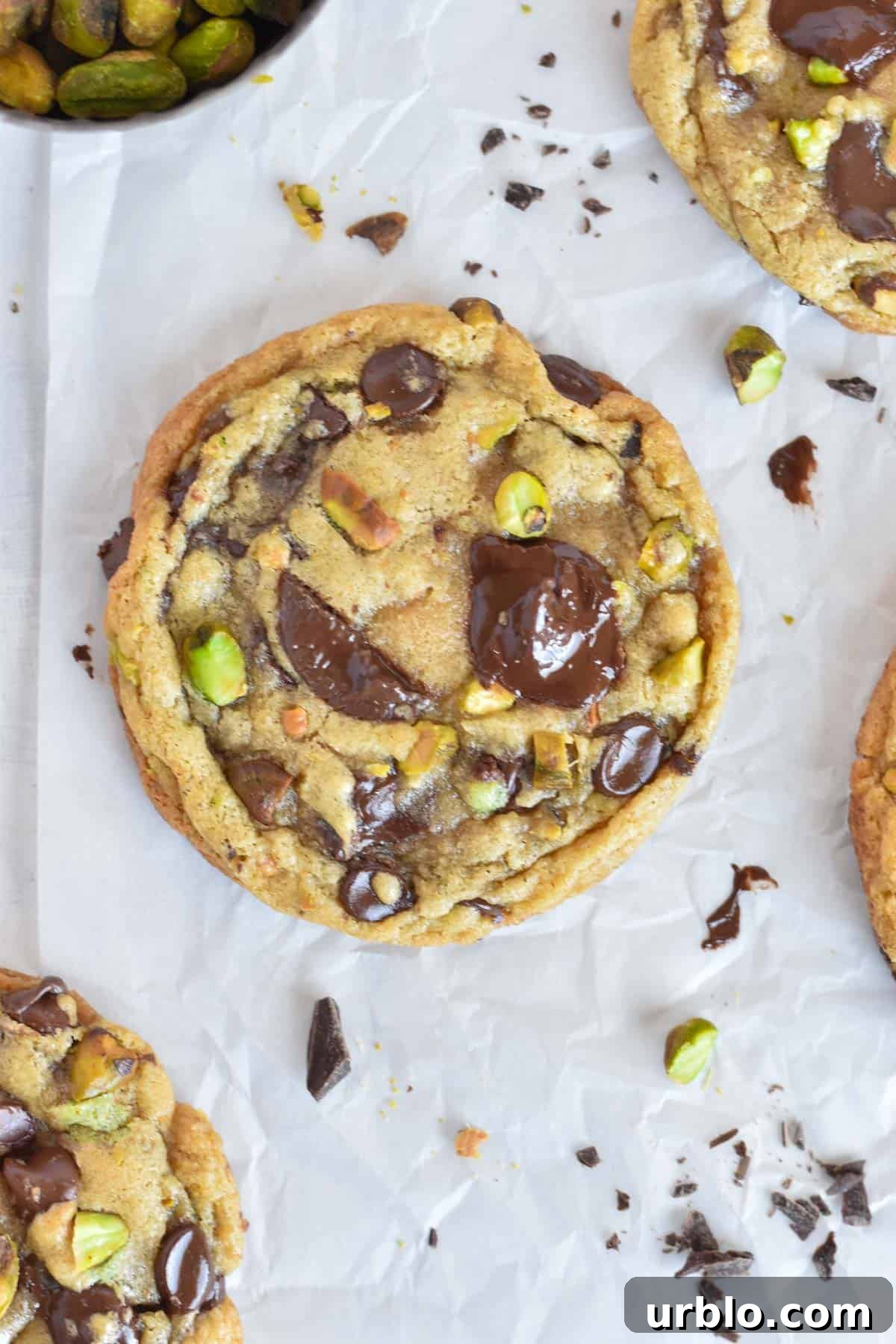 cookie with melty dark chocolate and pistachio on top. 