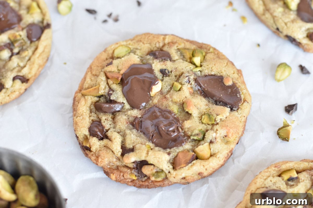 dark chocolate pistachio cookie on white parchment paper. 