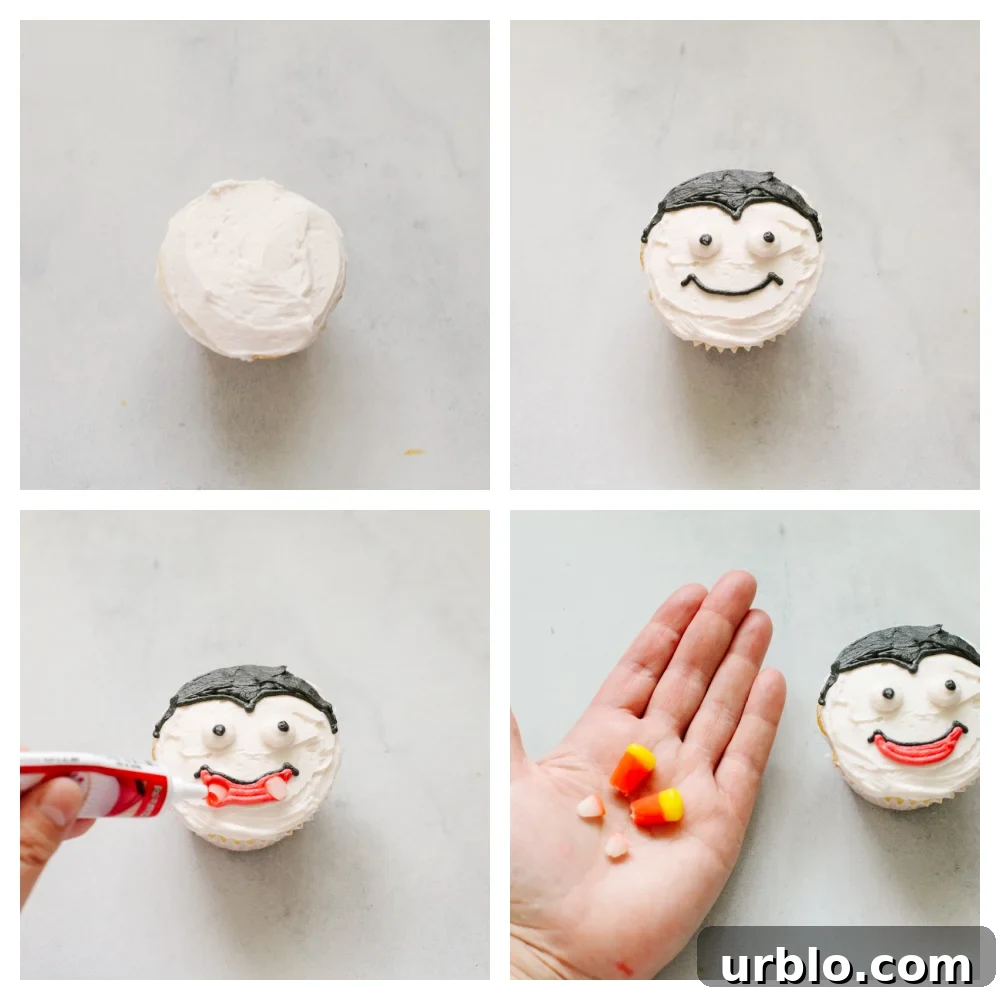 Process shots of making a Dracula cupcake design.