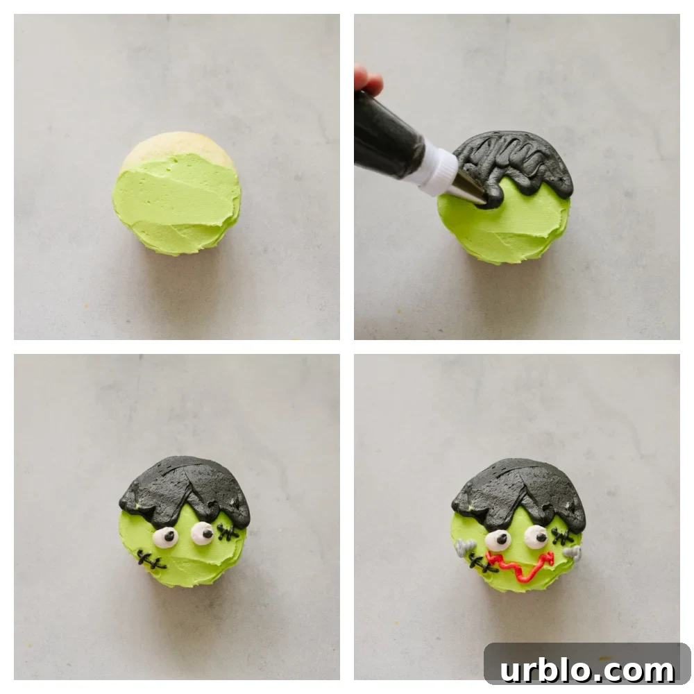 Step-by-step photos of making a Frankenstein cupcake.