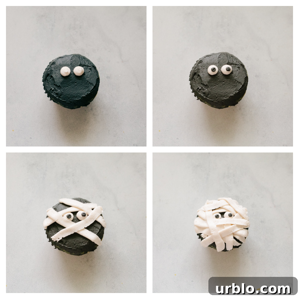Photos of making a mummy cupcake.