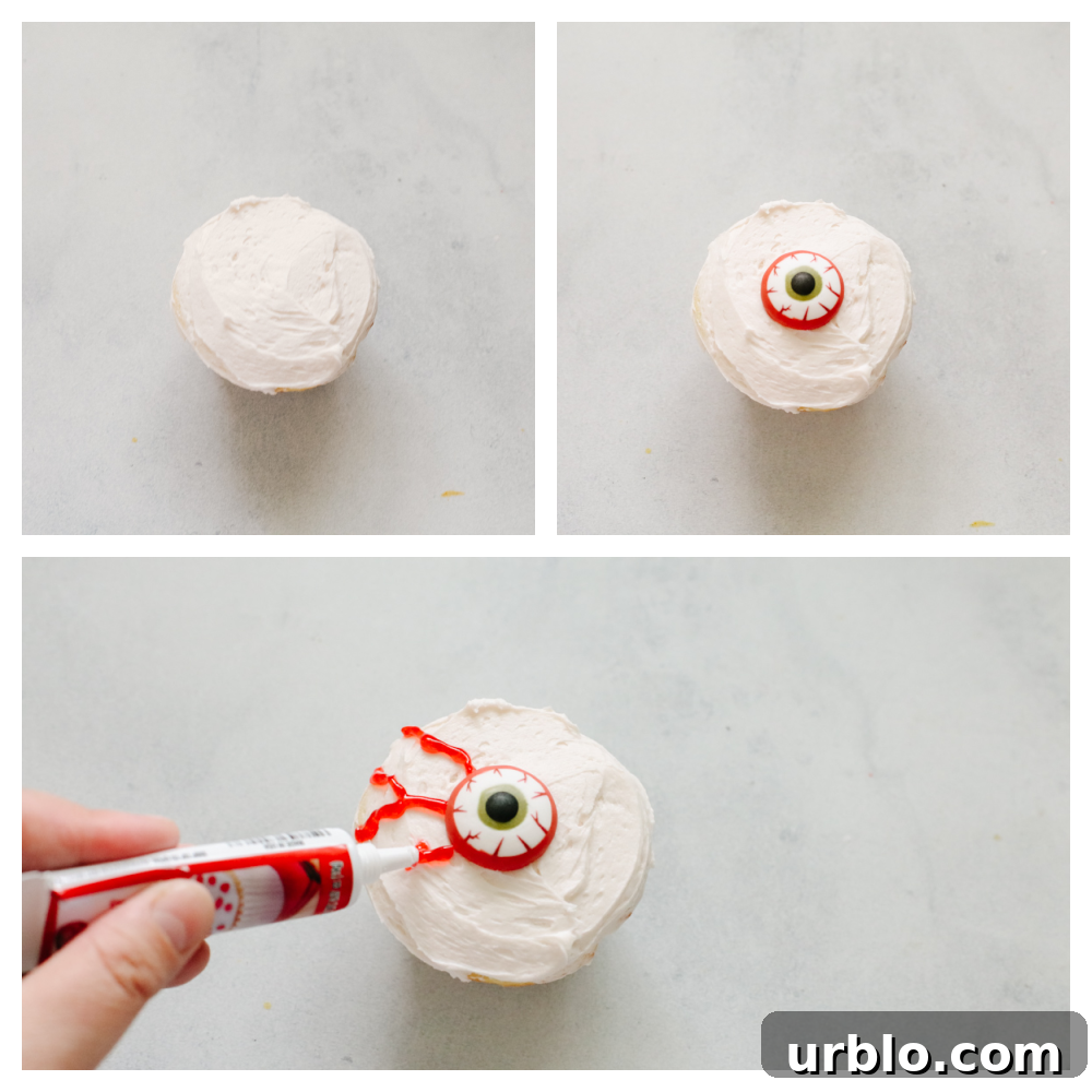Process shots of making an eyeball cupcake.