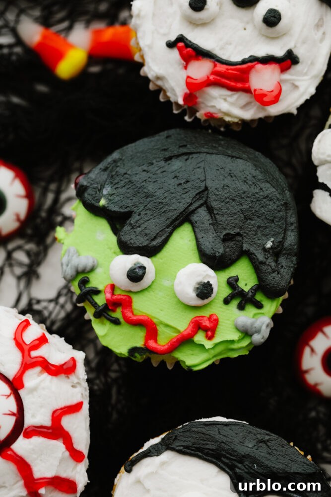 Closeup of a Frankenstein cupcake.