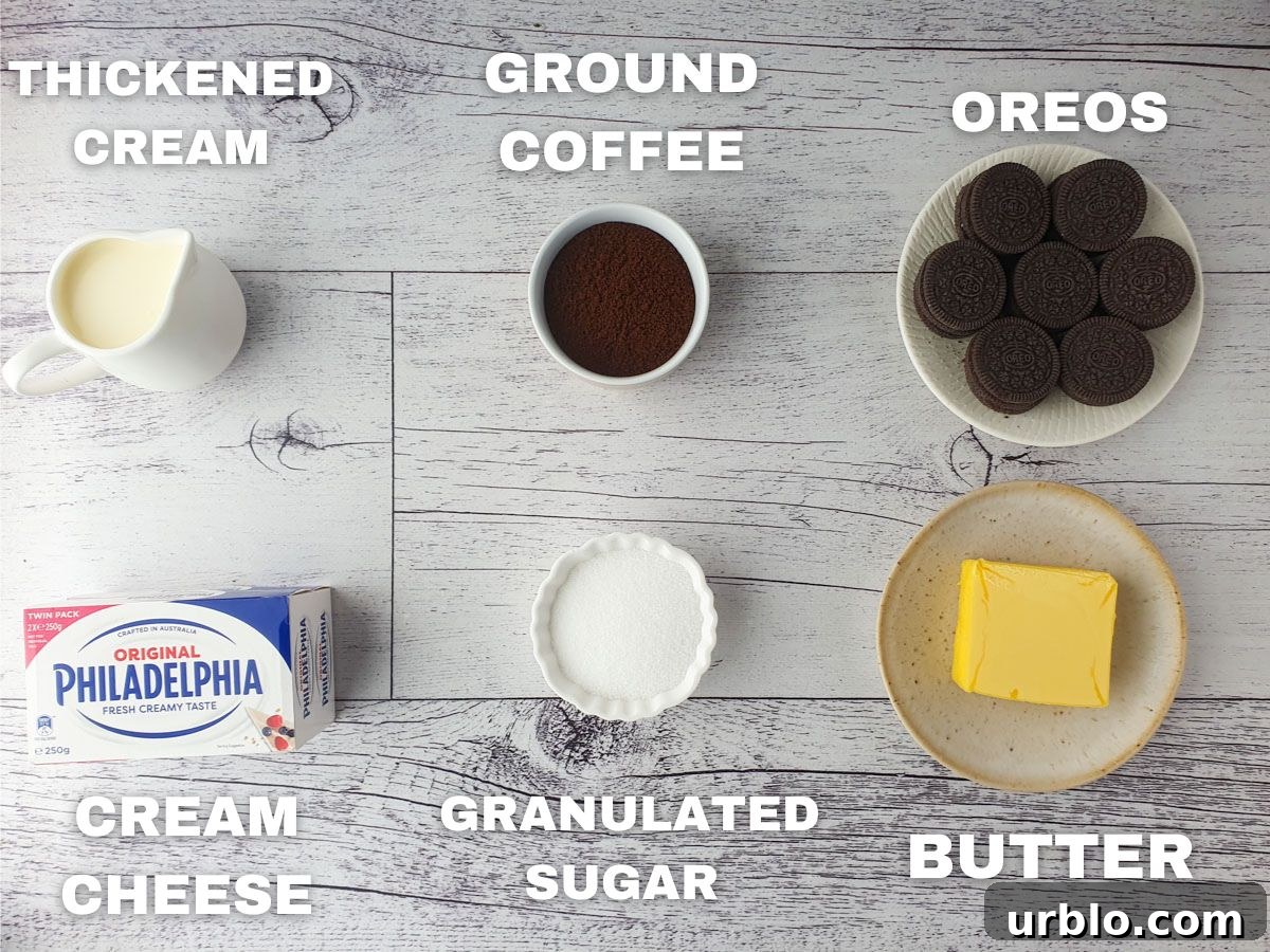 Ingredients: thickened cream, cream cheese, ground coffee, granulated sugar, Oreos, unsalted butter.