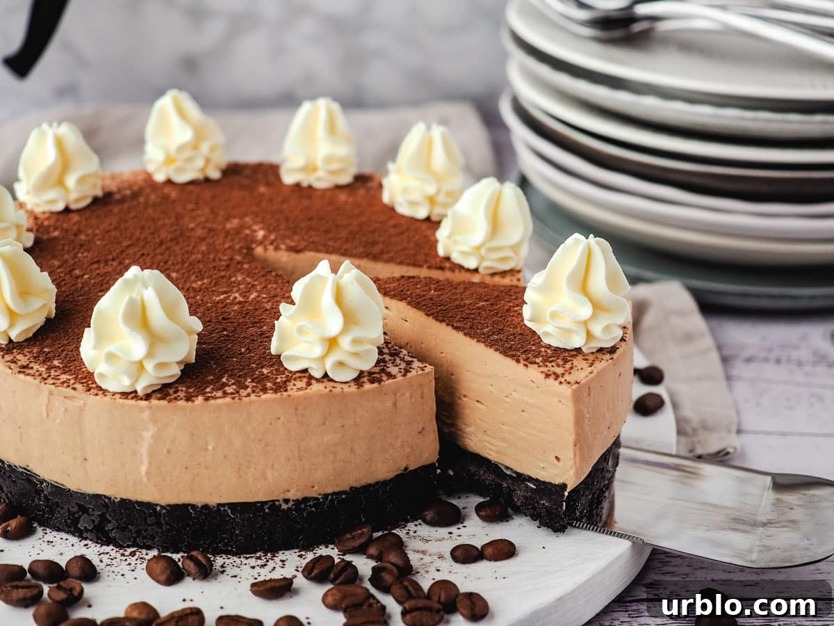 Coffee cheesecake with a slice being taking out of it, with a stack of plates and forks and an espresso maker in the background