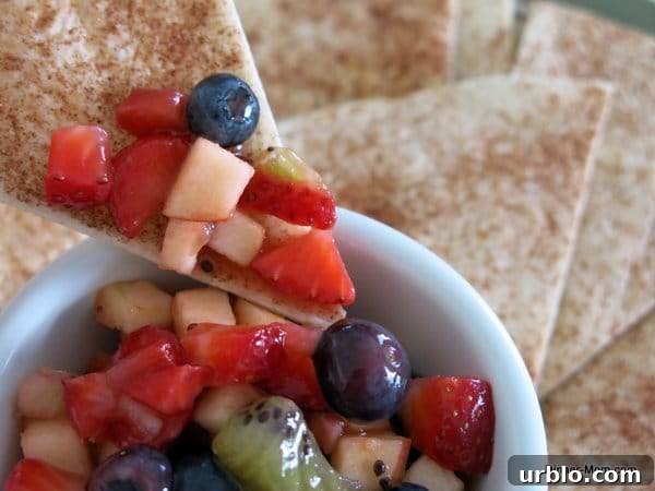 Low-Sugar Apple-Berry Salsa with Cinnamon Chips 11 Cinnamon Chip dipping into bowl with Fruit Salsa