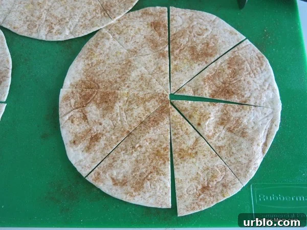 Low-Sugar Apple-Berry Salsa with Cinnamon Chips 9 Flour tortilla sprinkled with cinnamon and stevia sugar blend on cutting board