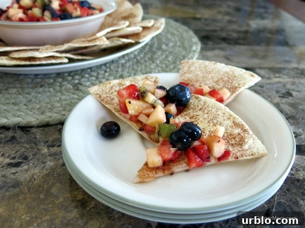 Low-Sugar Apple-Berry Salsa with Cinnamon Chips 10 Fruit Salsa on top of cinnamon chips on a stack of plates.