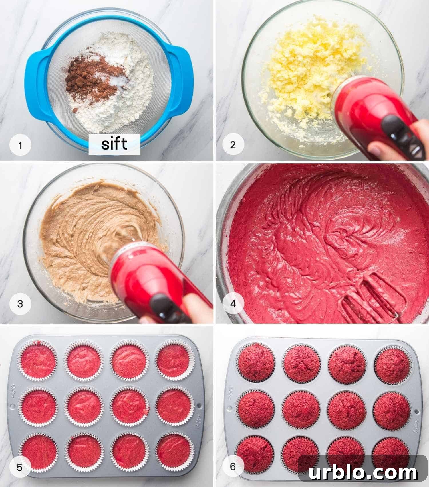 A collage of 6 images on how to bake red velvet cupcakes