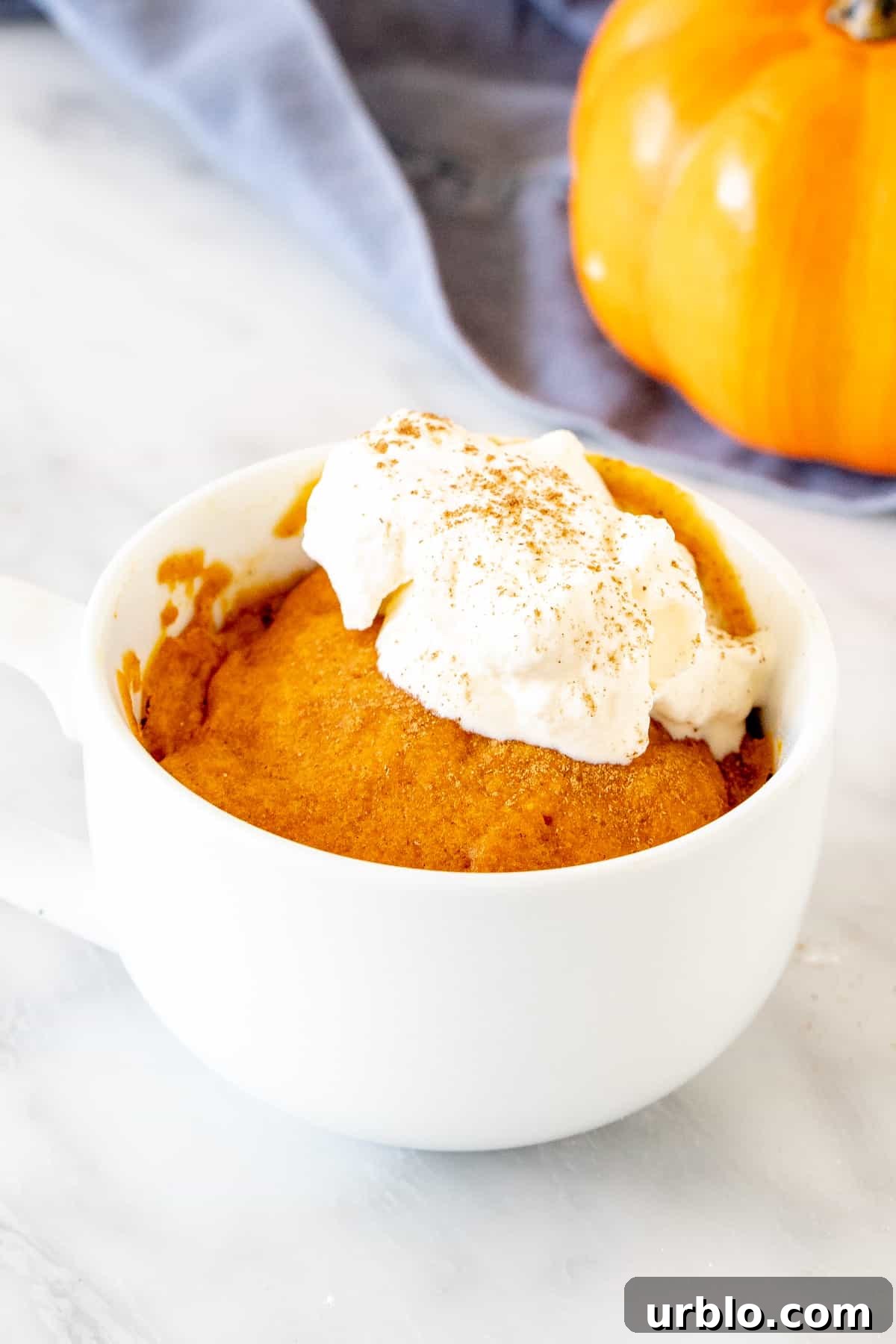 Pumpkin mug cake in a white teacup with whipped cream on top