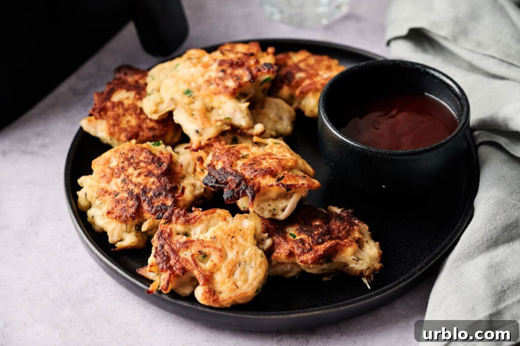 A black plate with several golden-brown Air Fryer Chicken Fritters and a small black bowl of dipping sauce, placed next to a gray cloth napkin.