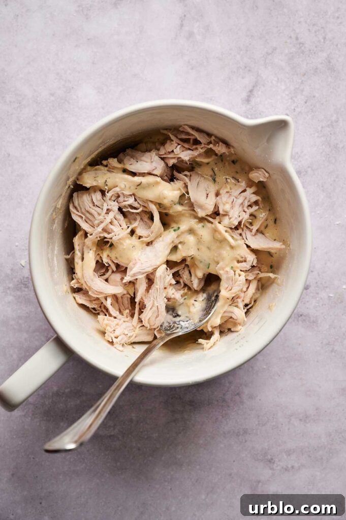 Shredded chicken mixed with a creamy sauce in a white bowl, perfect as a filling for Air Fryer Chicken Fritters, with a metal spoon resting inside.
