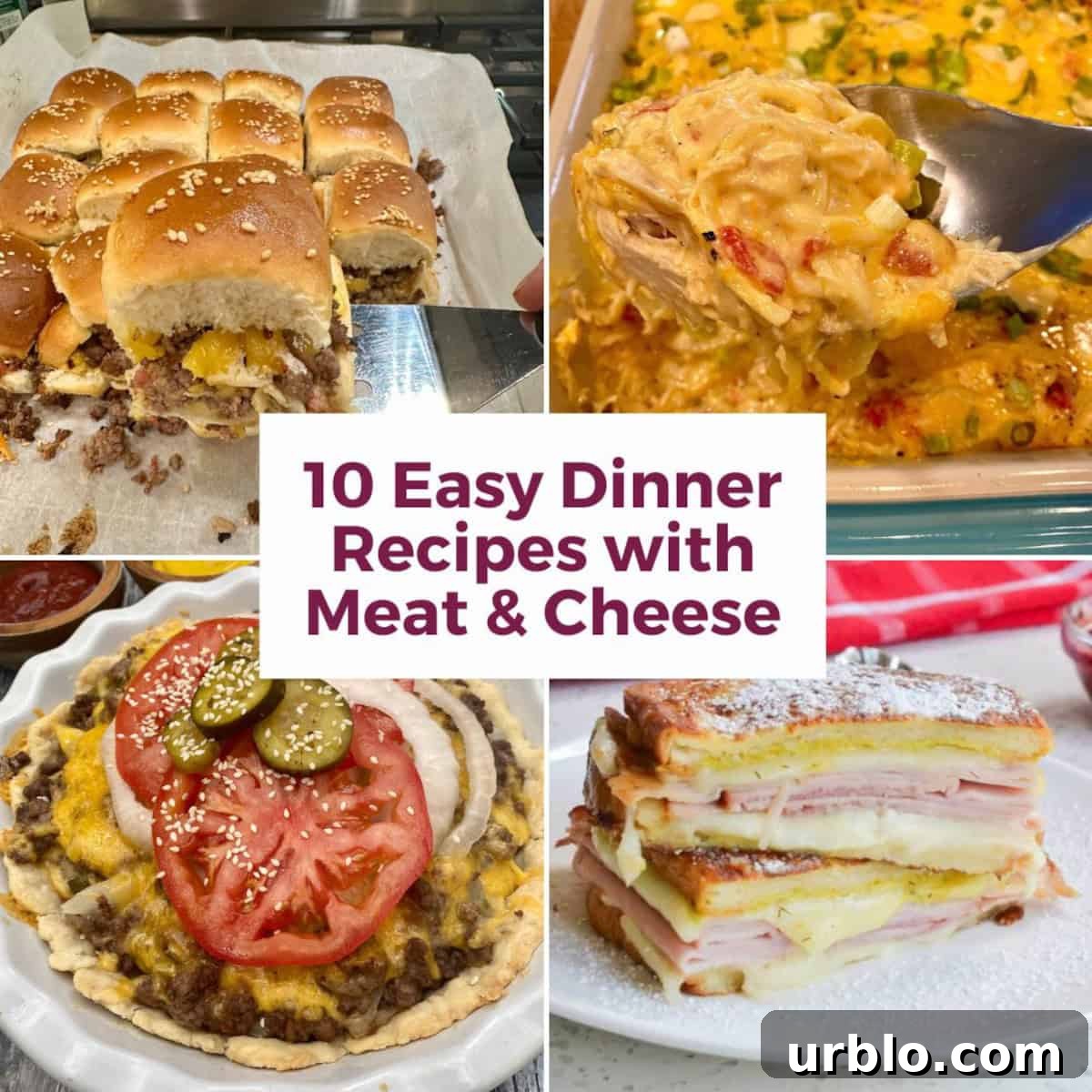 Photos showing various recipes that include meat and cheese.