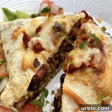 A large beef burrito cut in half on a plate.