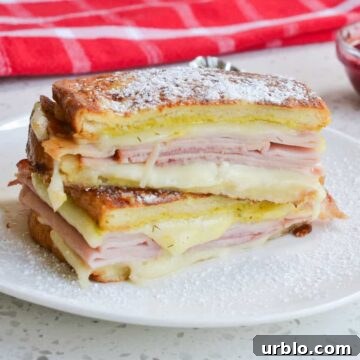 A sandwich stacked and filled with melted cheese and sliced ham.