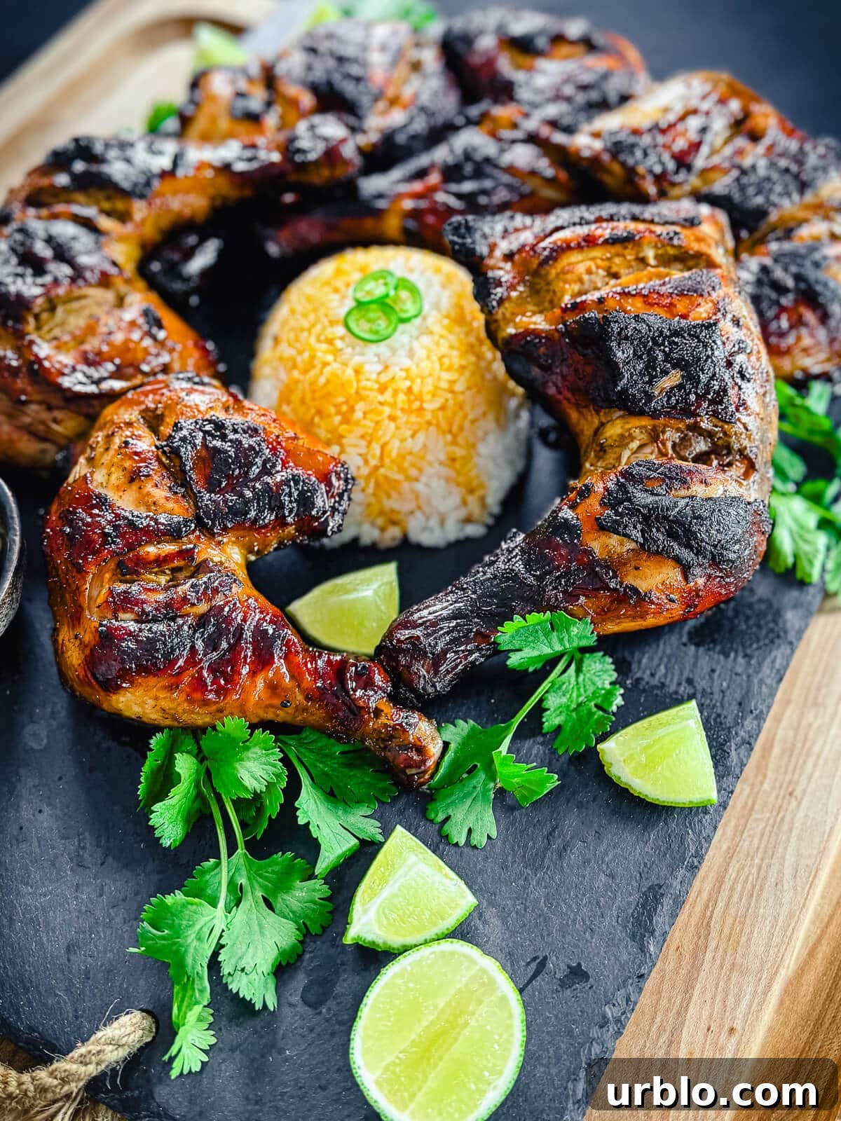 chicken Inasal with limes on a platter