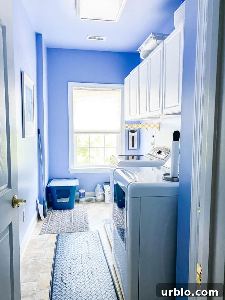 Laundry room with blue walls, white cabinets, and a window