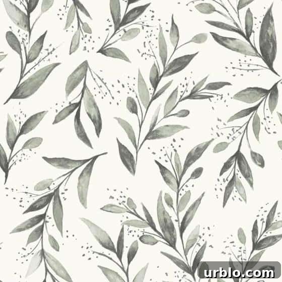 olive branch wallpaper by Magnolia Home with dark gray leaves