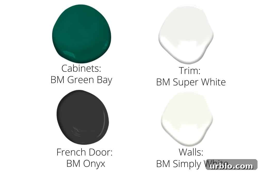 Paint swatches for potential colors to use in a laundry room makeover project