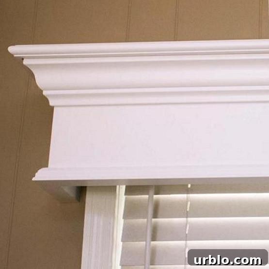 partial view of a window valance made from wood trim and crown molding