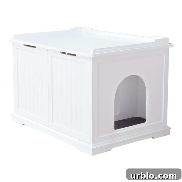 white painted wood litter box enclosure with a hinged lid and arched opening