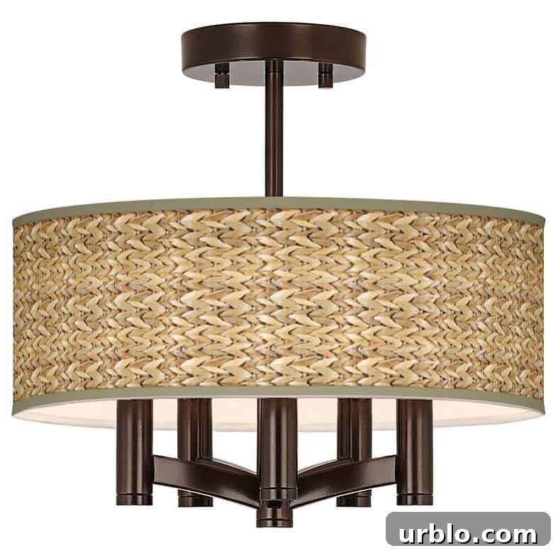 ceiling light fixture with drum-style shade covered in woven seagrass with bronze finish