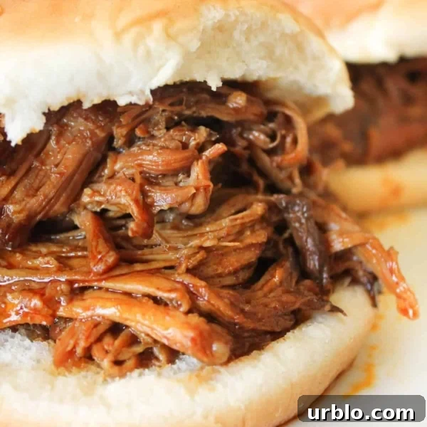 10 Make-Ahead Slow Cooker Freezer Meals Ready in 90 Minutes 11 A close-up of a sandwich with shredded barbecue meat filling on a white bun, with another similar sandwich in the background.