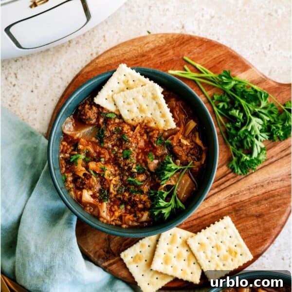 10 Make-Ahead Slow Cooker Freezer Meals Ready in 90 Minutes 6 A bowl of cabbage roll soup garnished with parsley and served with saltine crackers, on a wooden board with fresh parsley and a slow cooker in the background.