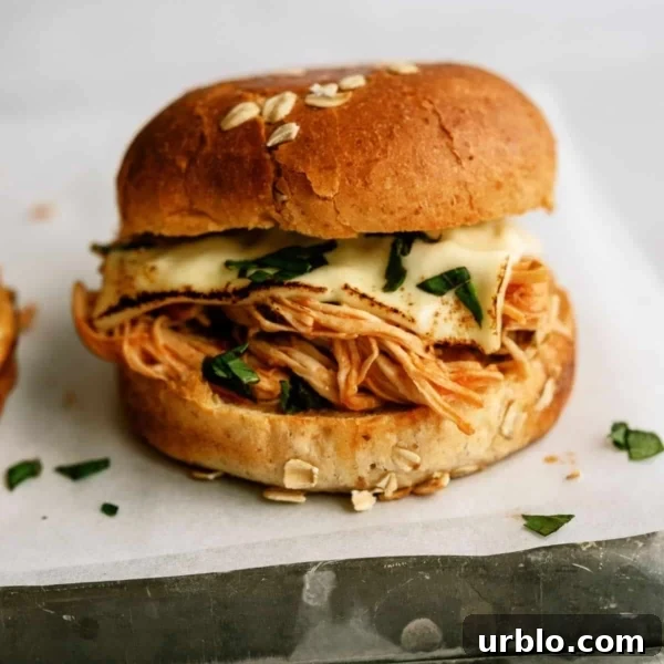 10 Make-Ahead Slow Cooker Freezer Meals Ready in 90 Minutes 9 A sandwich with shredded chicken, melted cheese, and greens in a sesame seed bun, placed on white parchment paper.