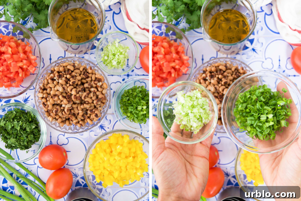 A collage of two ingredients showing ingredients to make Salada de feijão fradinho in bowls
