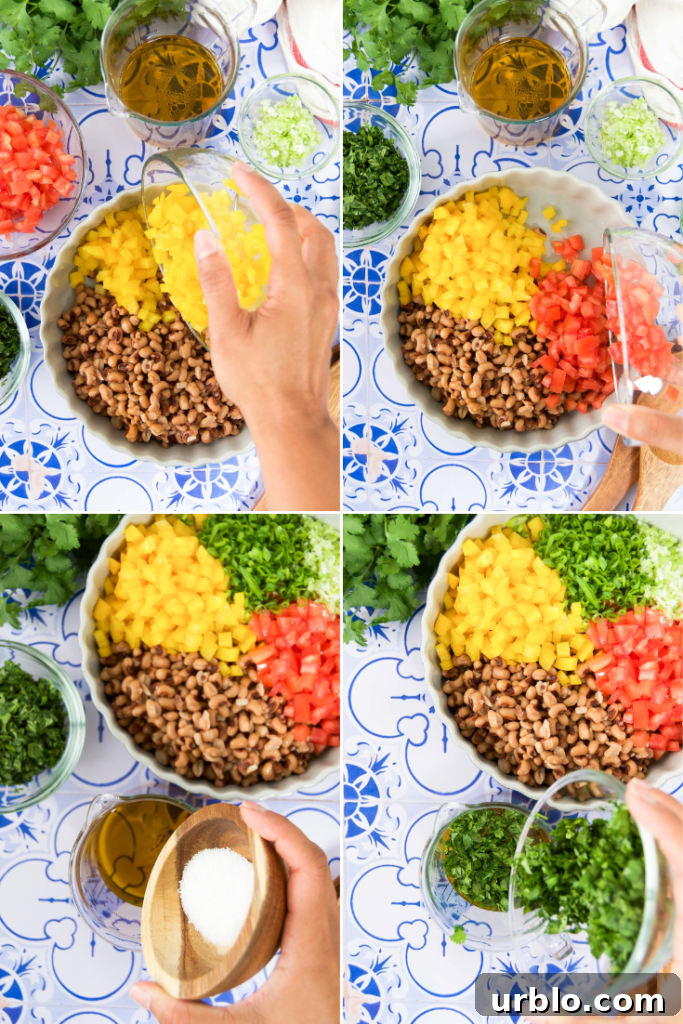 A collage of four images showing how to make a black eyed peas salad recipe