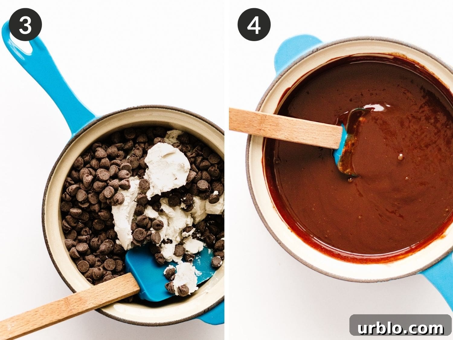 Collage showing 3rd and 4th process shots - combining chocolate chips and coconut cream in a pot and finished chocolate filling.