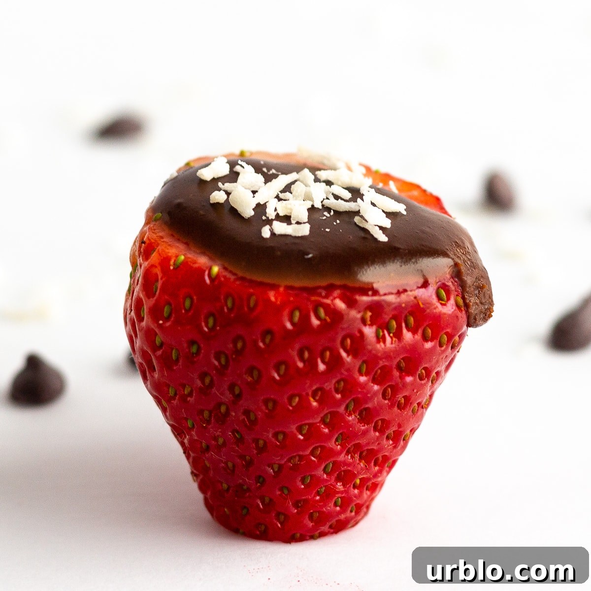 Single strawberry filled with chocolate coconut cream and a few flakes of shredded coconut scattered on the top.