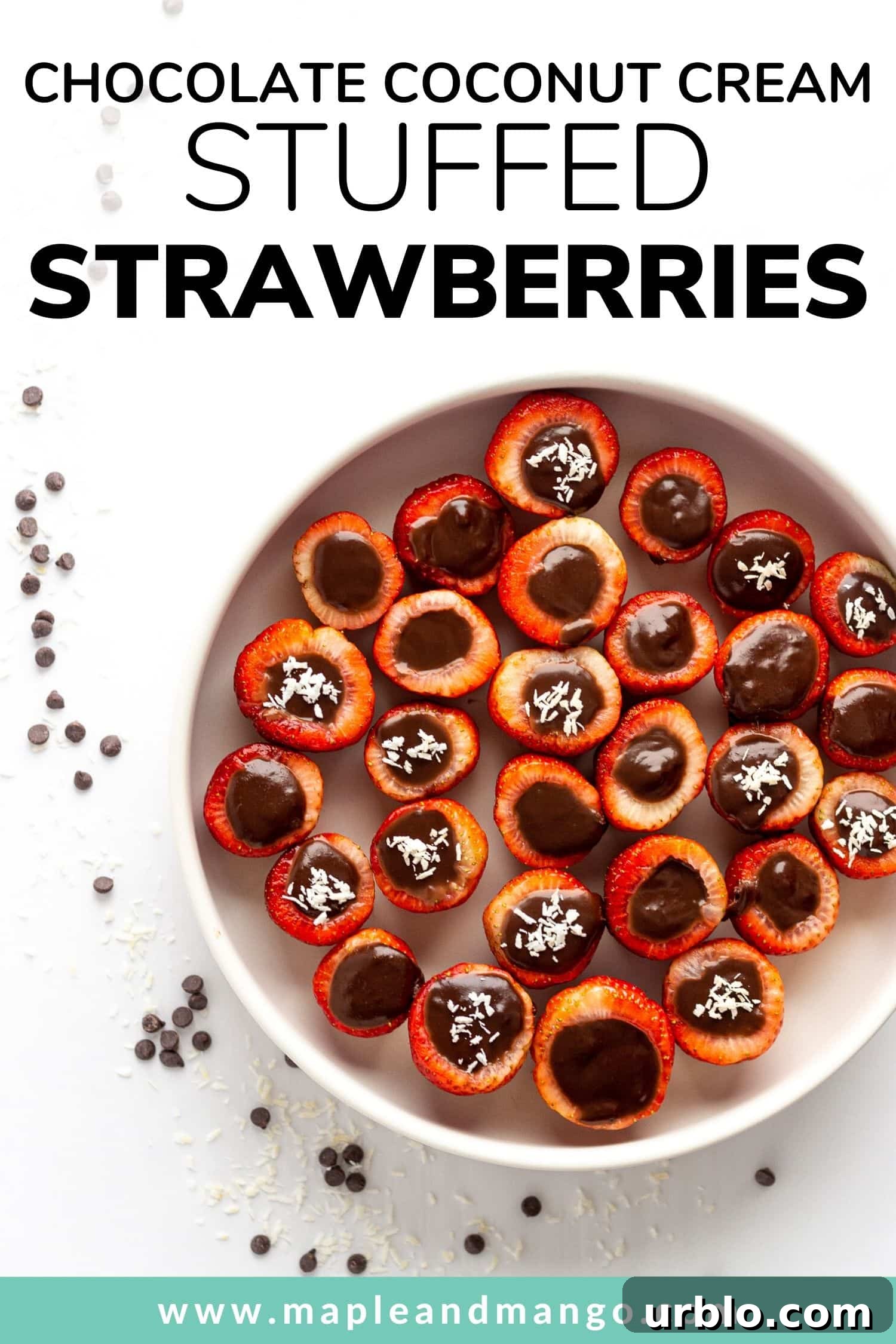 Pinterest image for chocolate coconut cream stuffed strawberries recipe