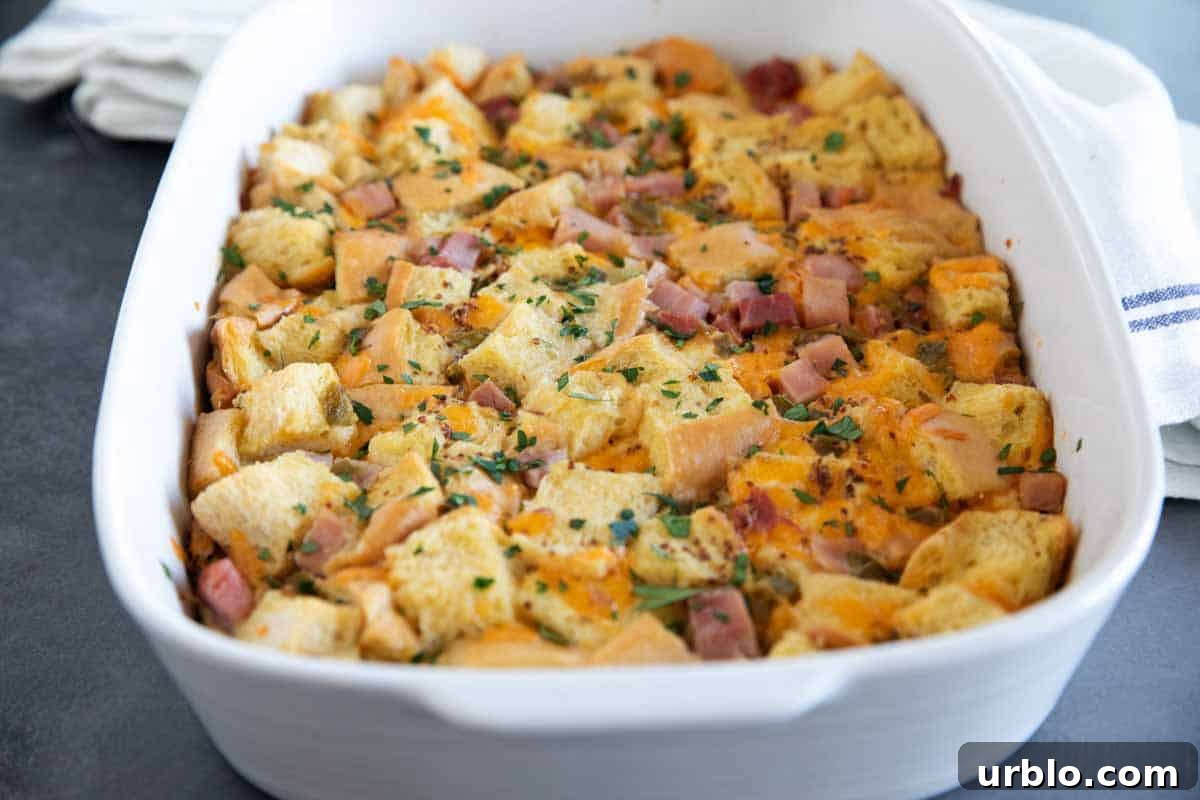 casserole dish of Breakfast Casserole with Ham and Cheese