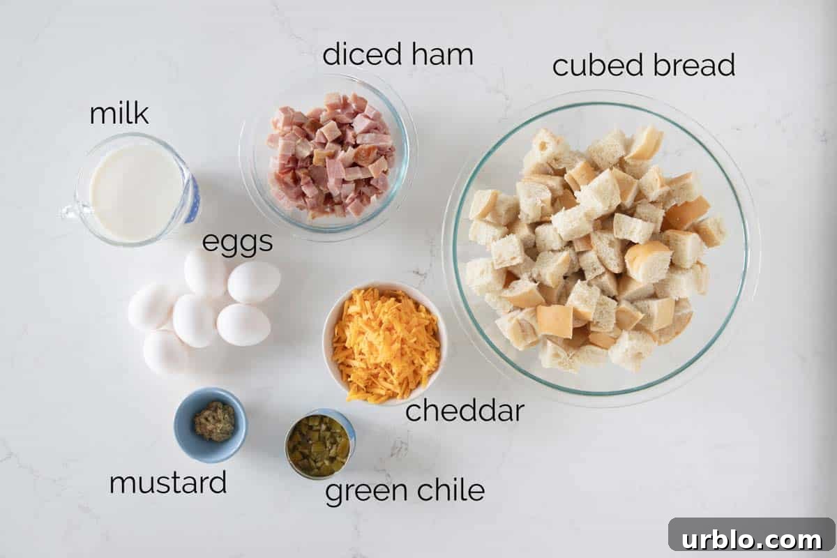 ingredients needed to make breakfast casserole with ham and cheese