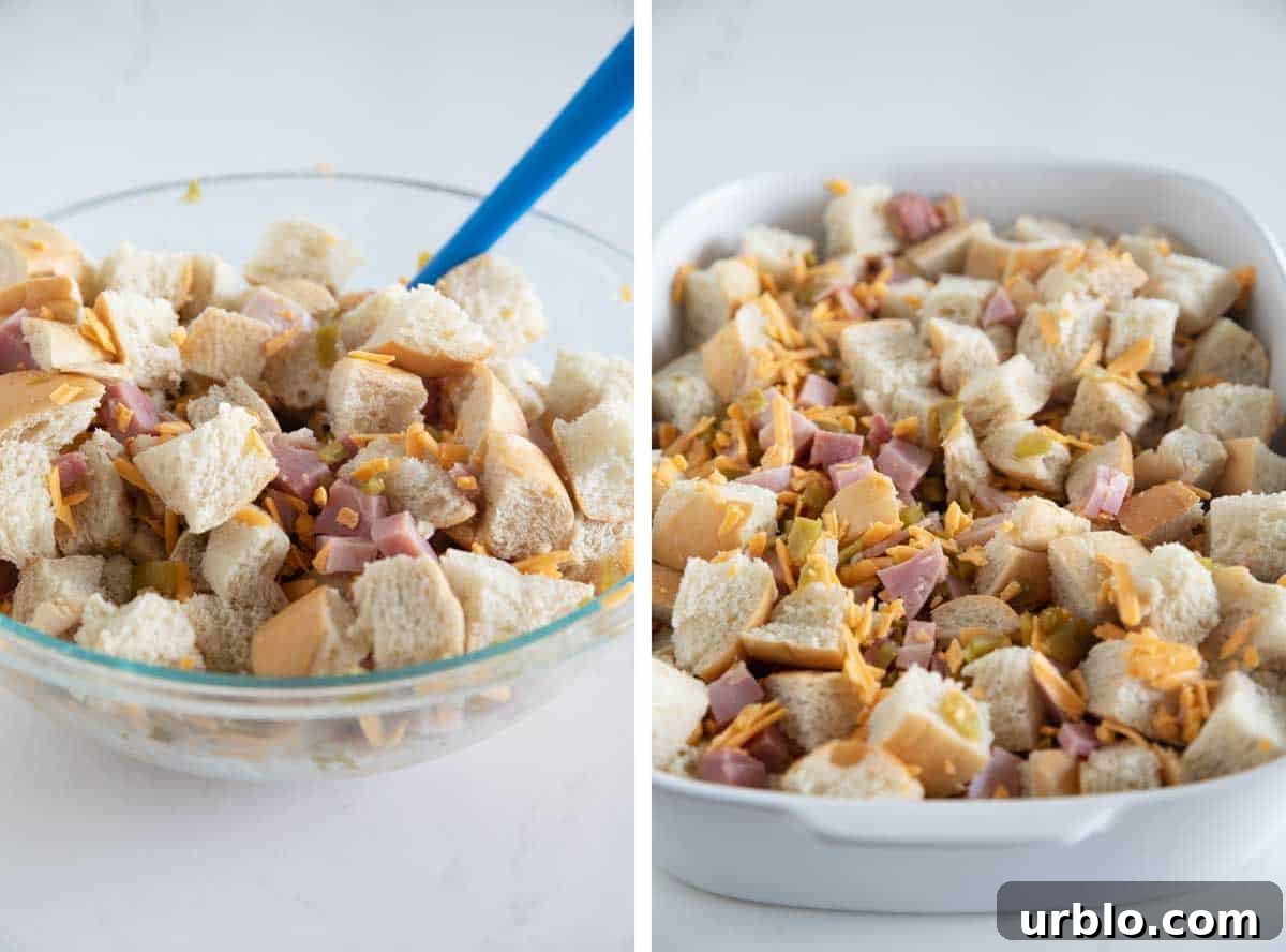 mixing ingredients for ham and cheese breakfast casserole