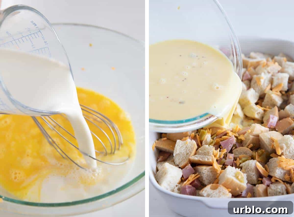 pouring liquid over savory overnight casserole