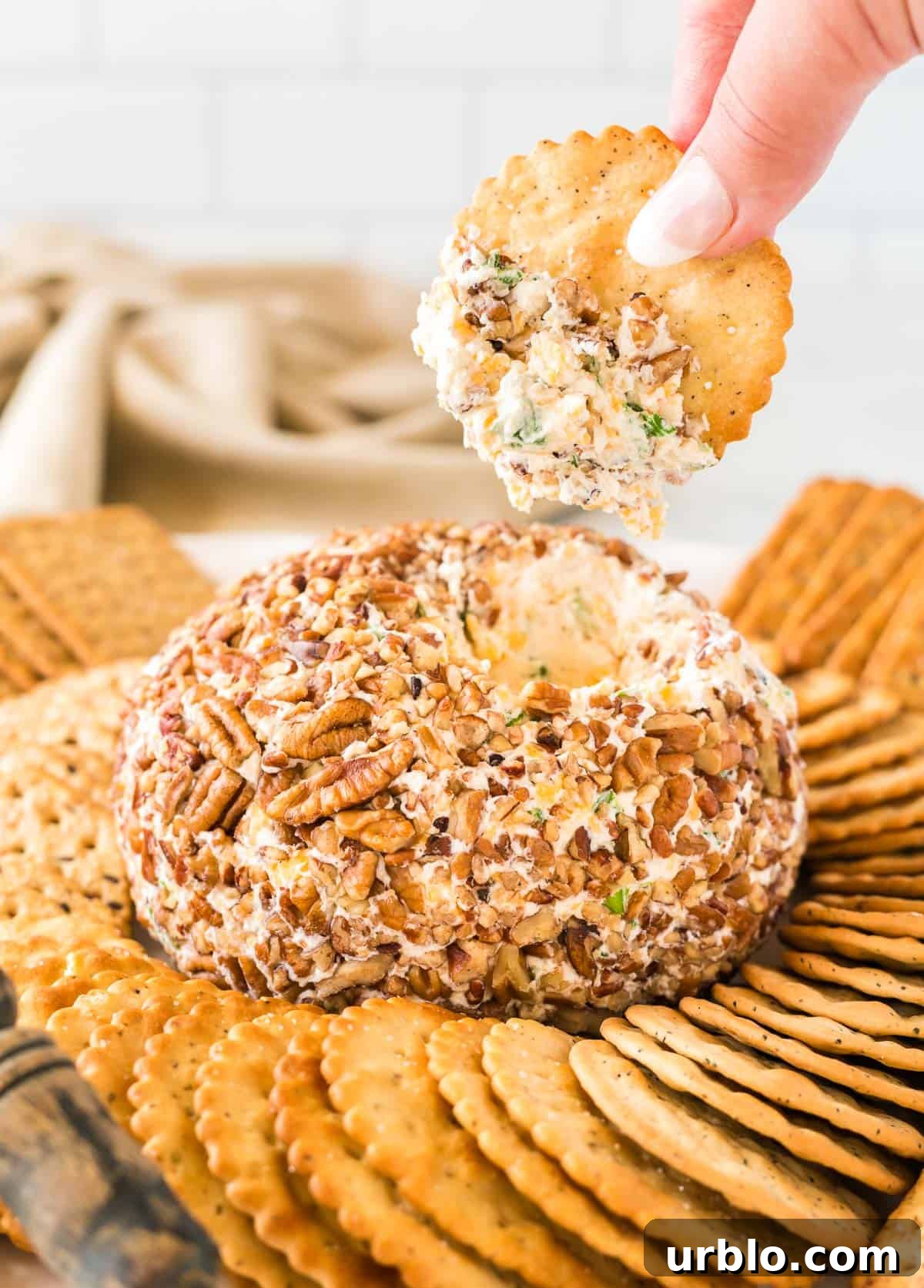 Classic Creamy Cheese Ball Recipe: Party Appetizer Guide 3 holding a cracker dipped in cheese ball