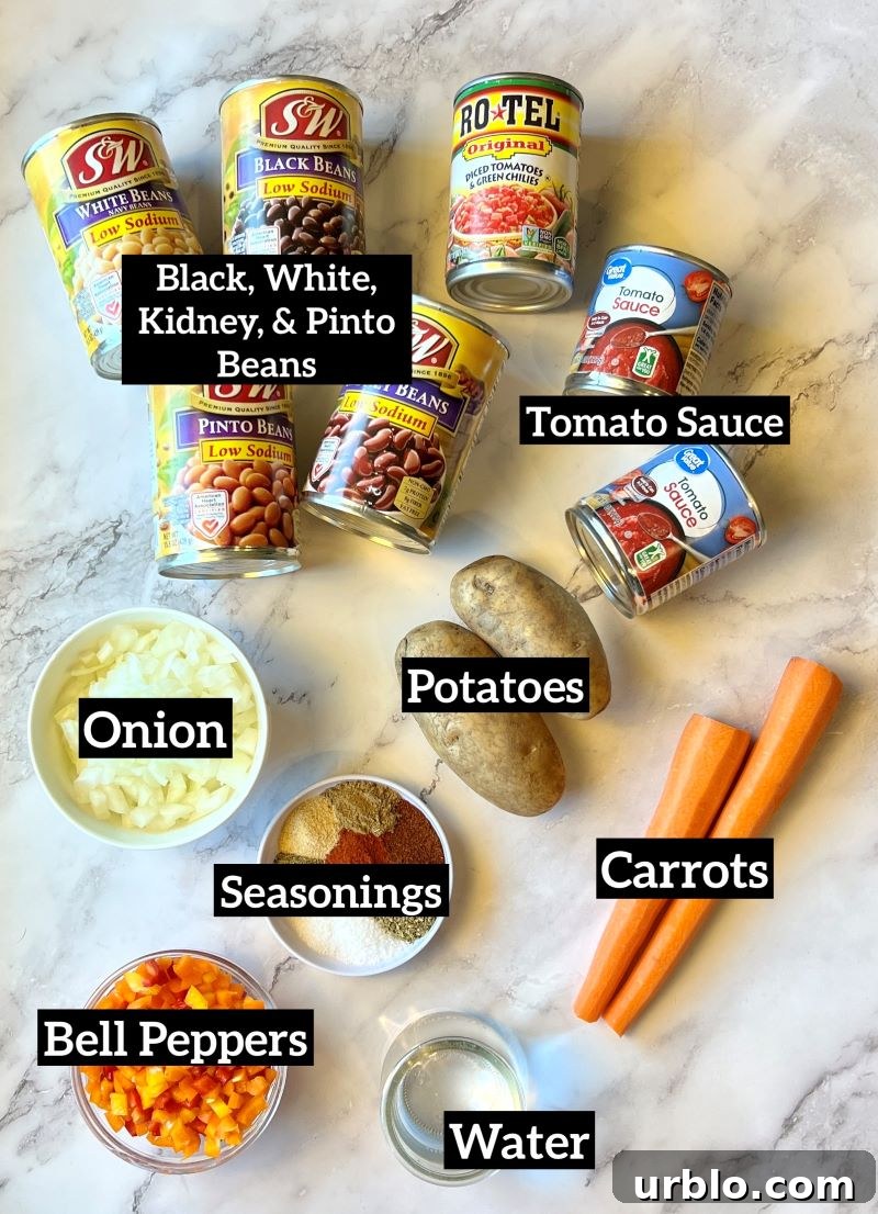 Ingredient displayed for slow cooker vegetarian chili. Black, white, kidney, and pinto beans, tomato sauce, diced tomatoes and green chiles, russet potatoes, onions, carrots, seasonings and spices, bell peppers, vegetable broth, or water.