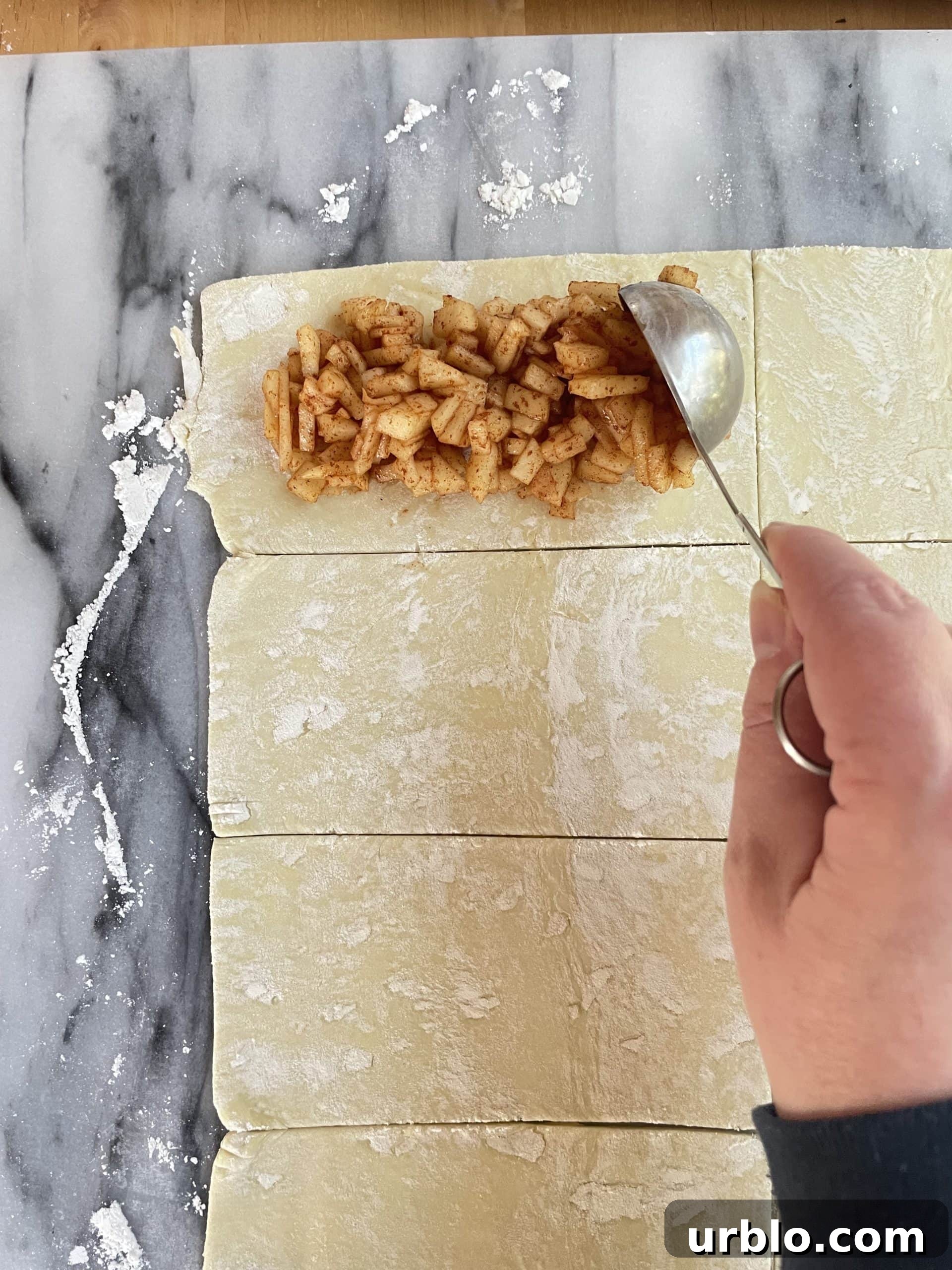 Filling placed on pastry