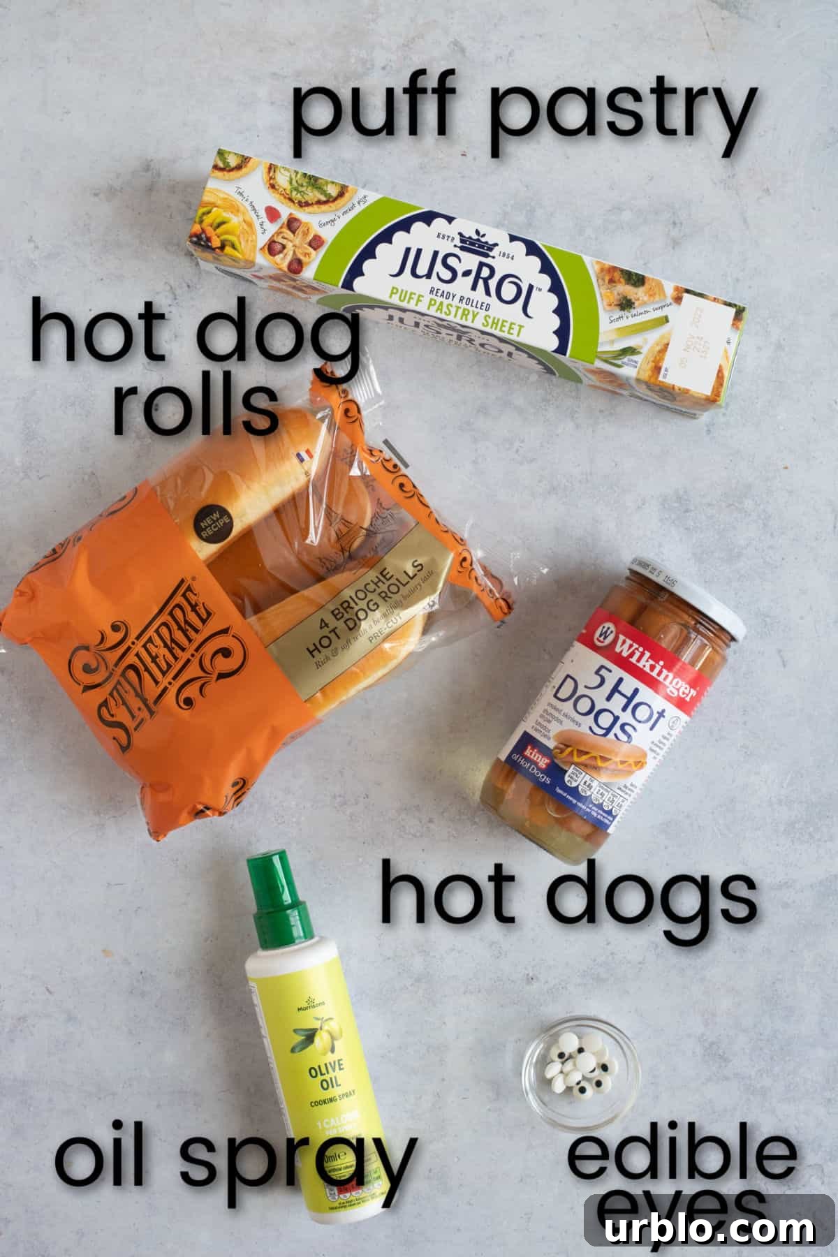 Ingredients for air fryer mummy dogs.