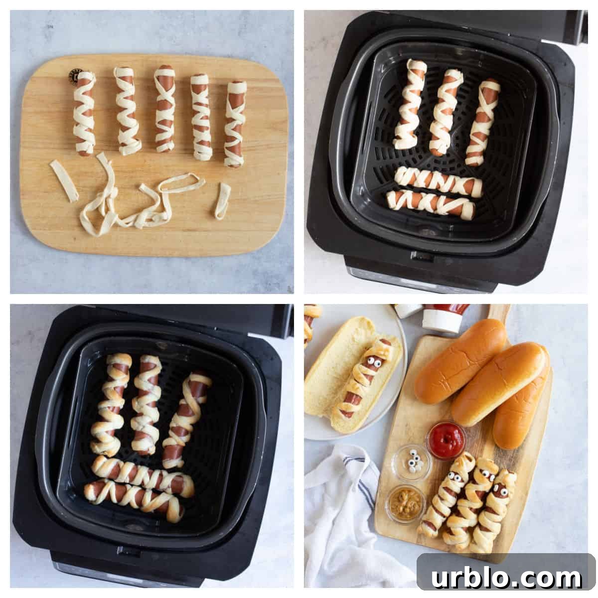 Making mummy dogs for Halloween in an air fryer.