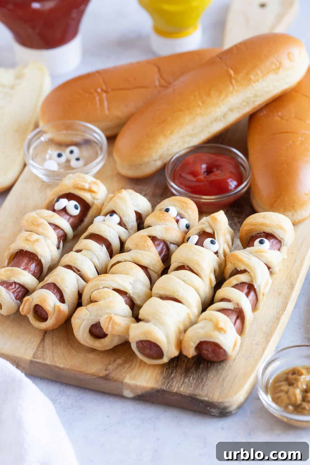 Mummy dogs with tomato ketchup.