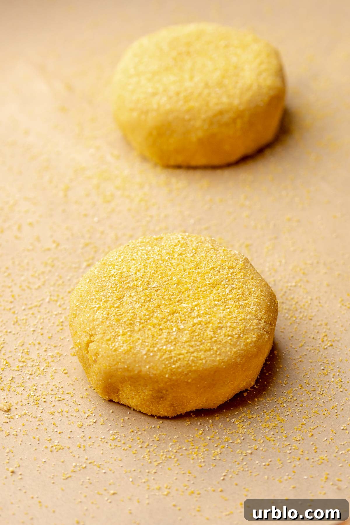 Flattened cornbread cookies on a baking sheet before baking.