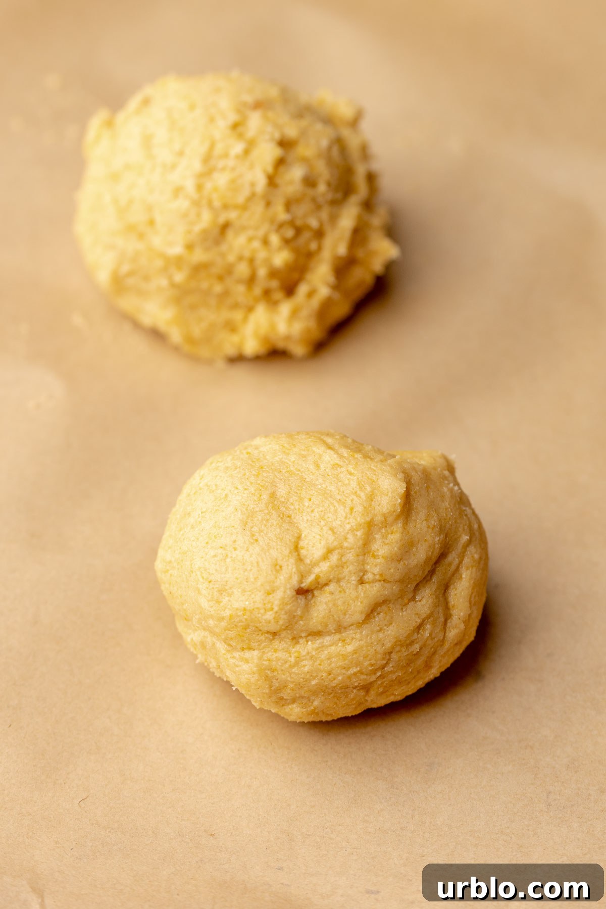 Balls of cookie dough on a baking sheet.